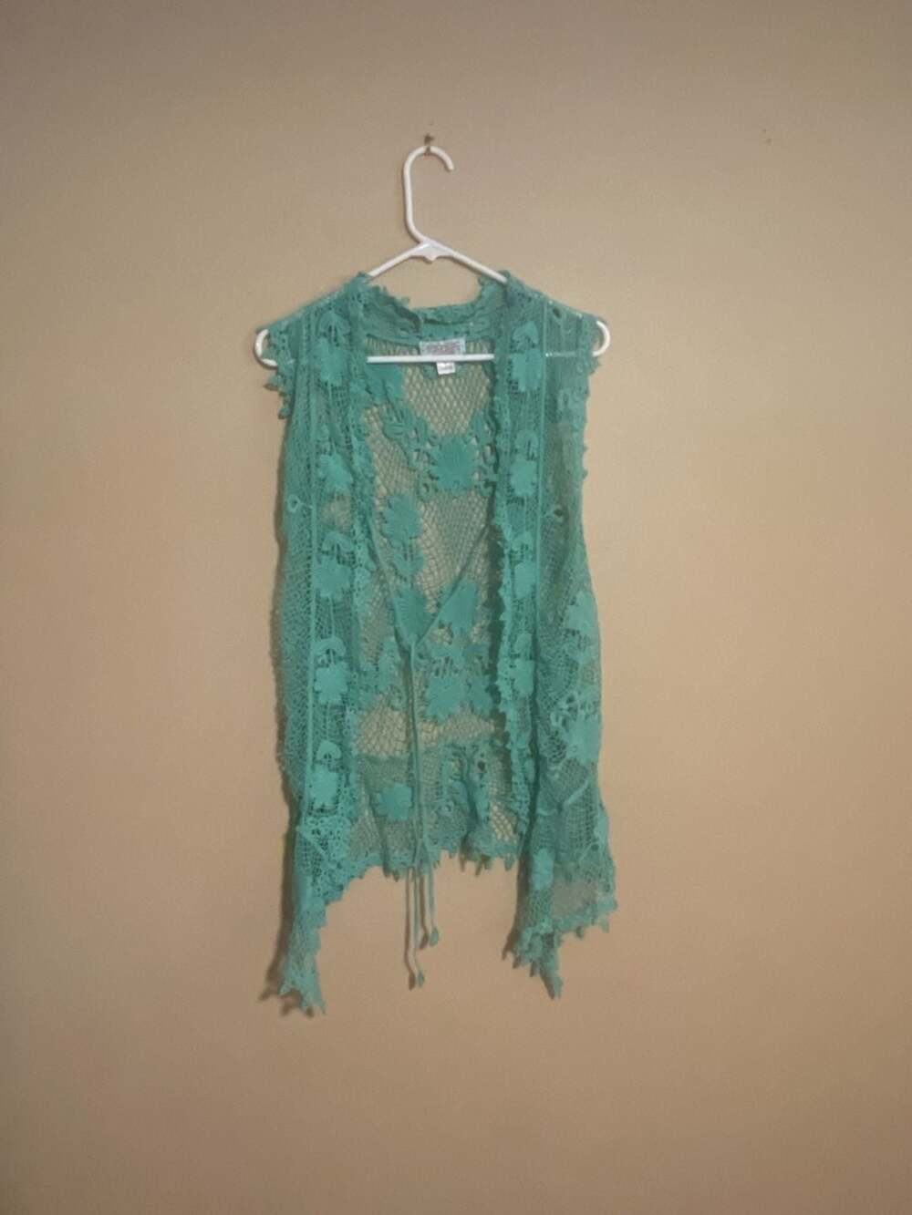 Pink Cattlelac Turquoise Crochet Lace Open Front Vest Cardigan Medium